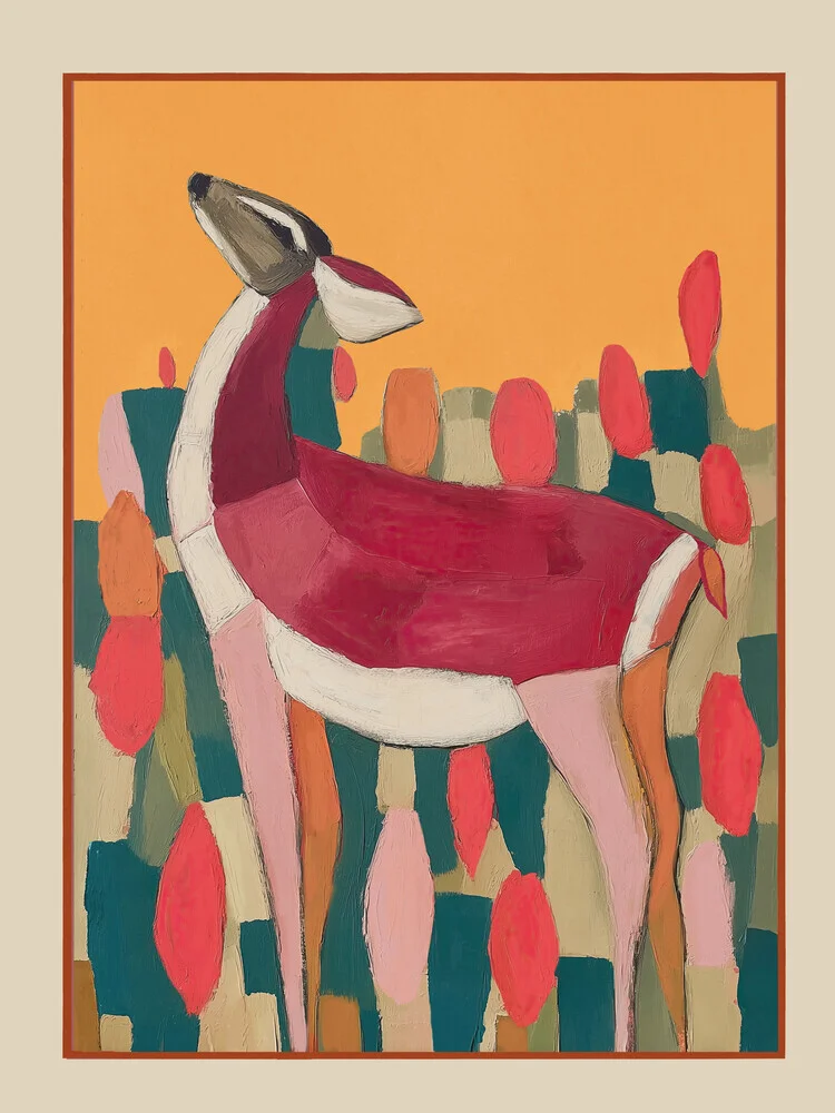 Illustration von Branka Kodžoman: Karmesinrotes Reh im Wald, sanfte Farben und ruhige Stimmung.