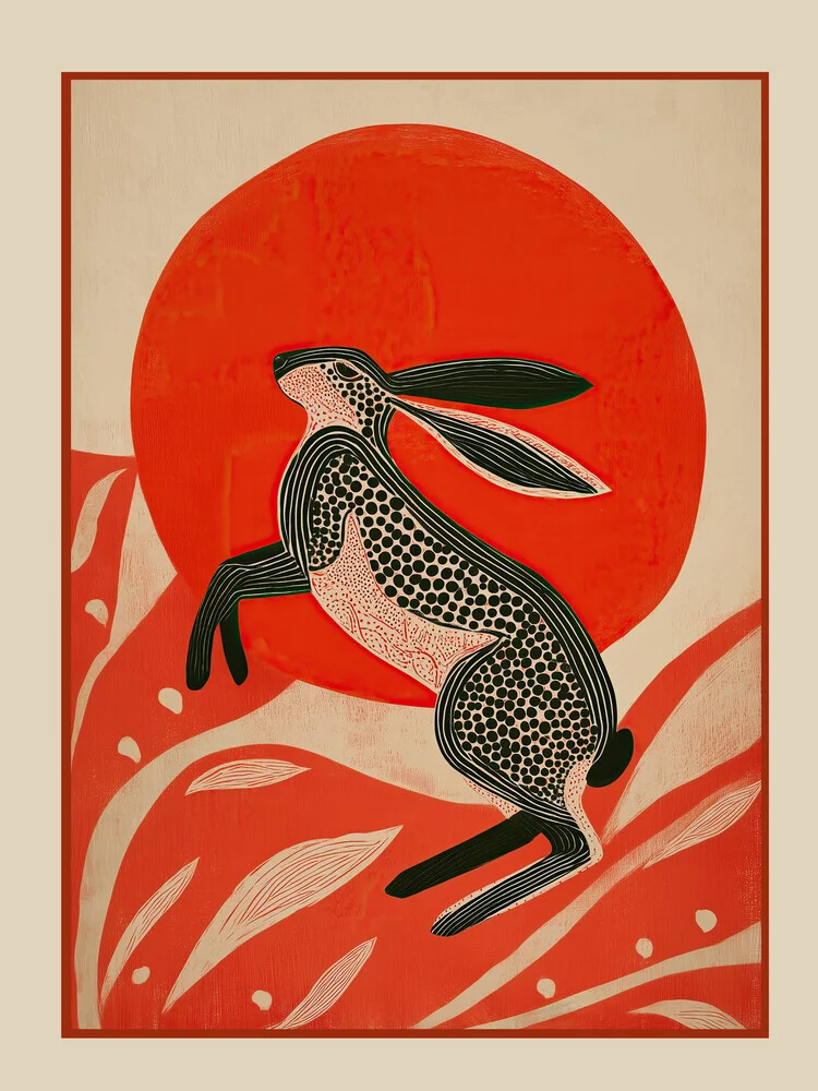 Illustration by Branka Kodžoman: hare against a red sun in warm tones