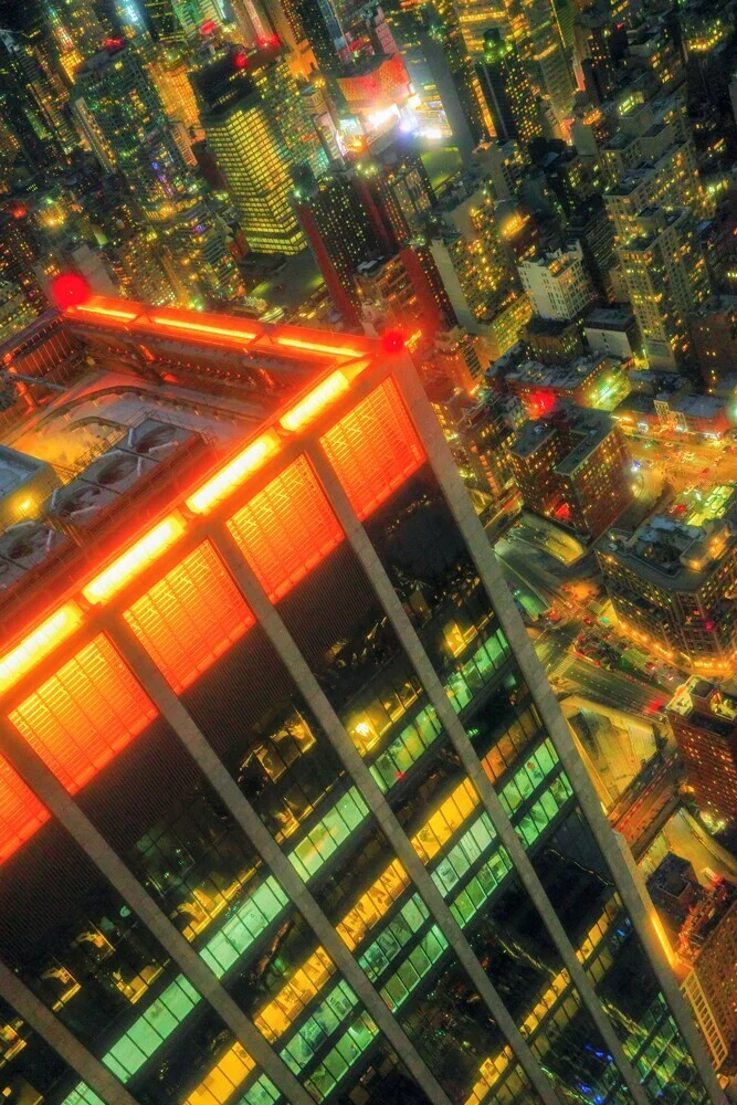 Aerial view of Manhattan: glowing skyscrapers at dusk