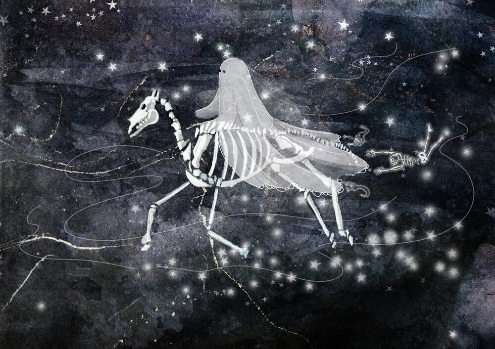 Photo art by Katherine Blower: ghostly horse with skeleton at night