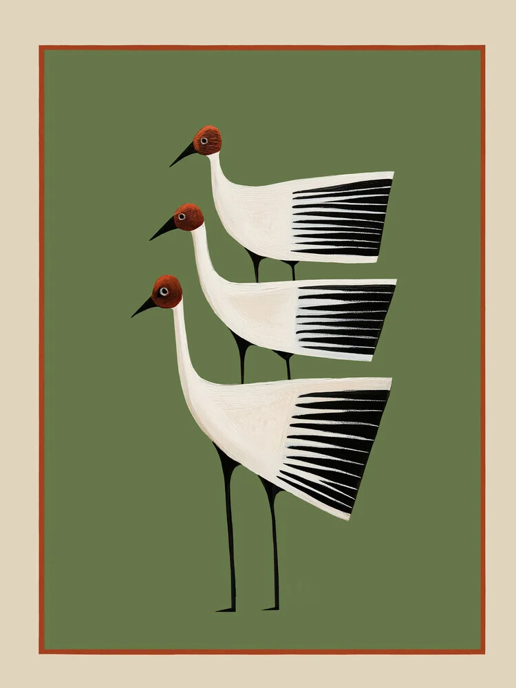 Photo art featuring a trio of striped birds in calm nature, harmonious color composition.