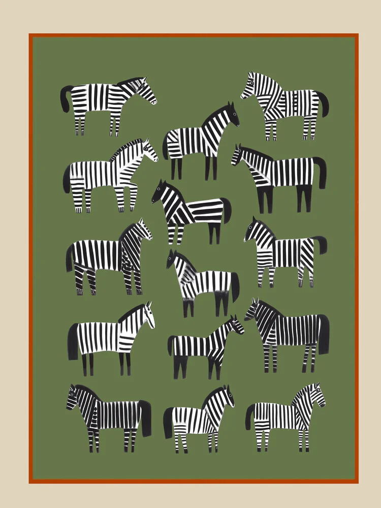 Playful illustration of striped horses in soft colors.