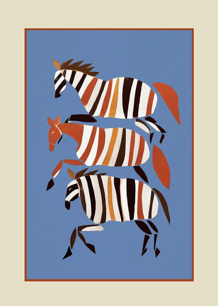 Playful illustration of striped horses galloping through nature.