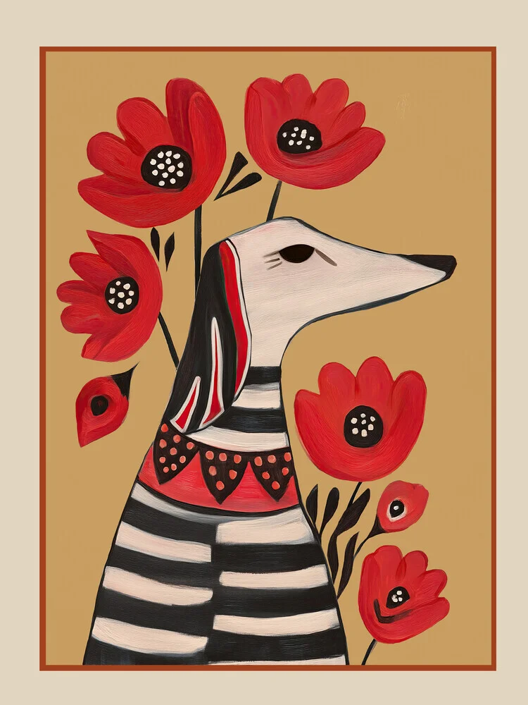 Illustrated dog with poppies, depicted in a friendly and playful manner.