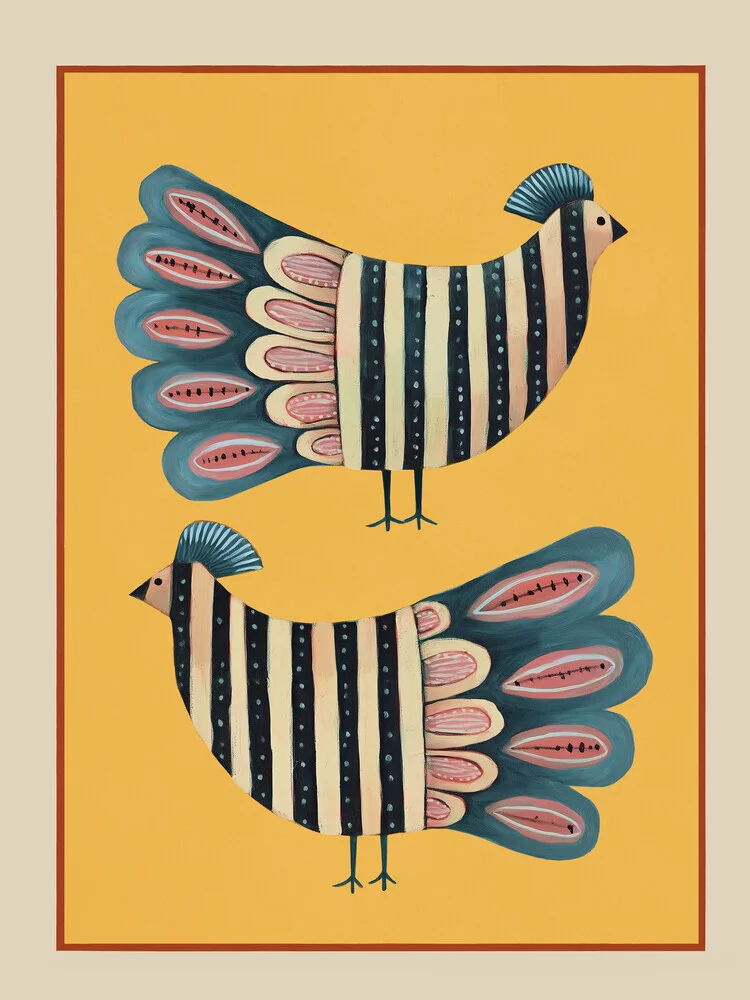 Illustration by Branka Kodžoman: playful bird pair with striped feathers