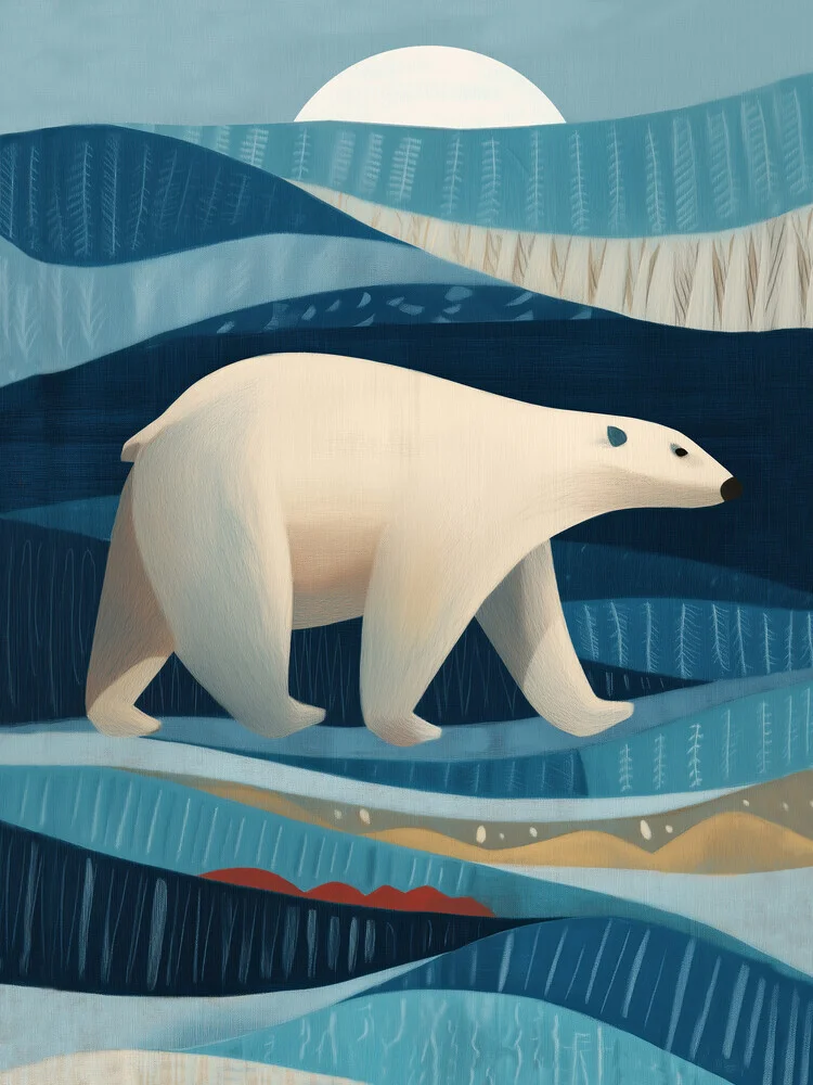 Illustration of a polar bear in blue Arctic, peaceful winter landscape