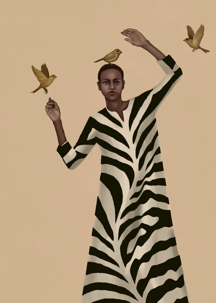 Illustration of a woman in a striped zebra dress, surrounded by birds.