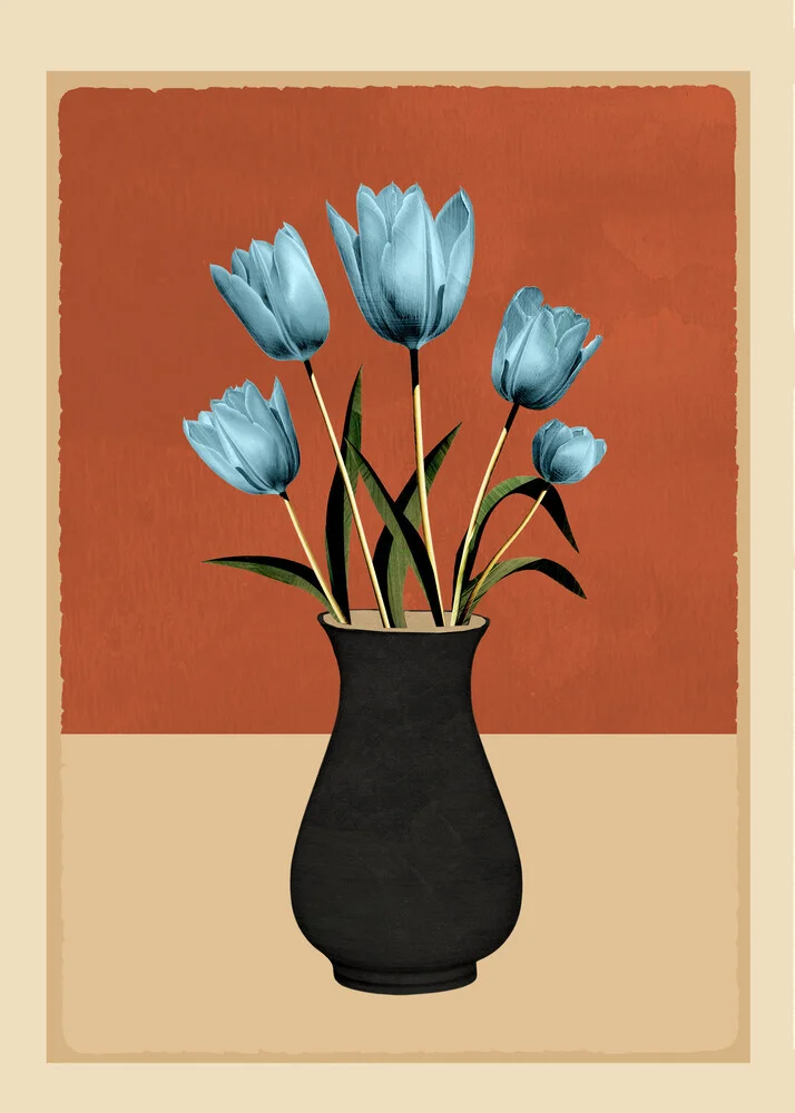 Illustration by Branka Kodžoman: blue tulips in a vase, soft colors and minimalist style