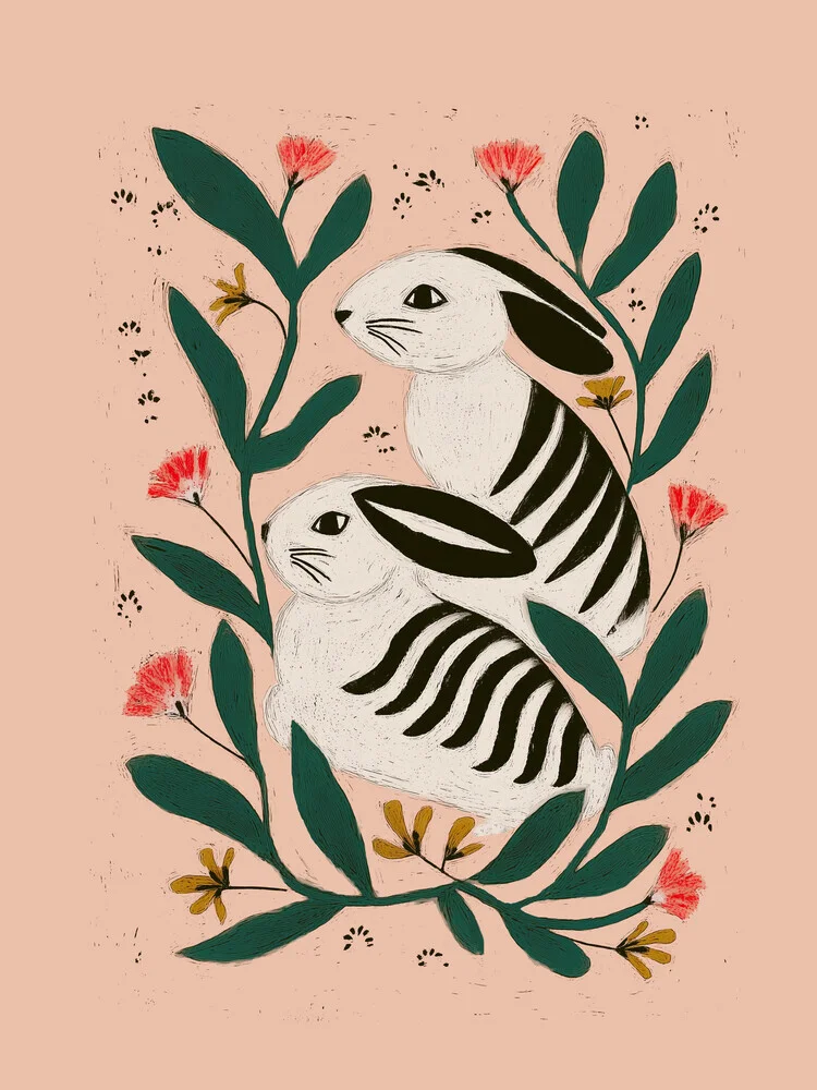 Wall art depicting hares among colorful flowers, creating a cheerful and whimsical mood.