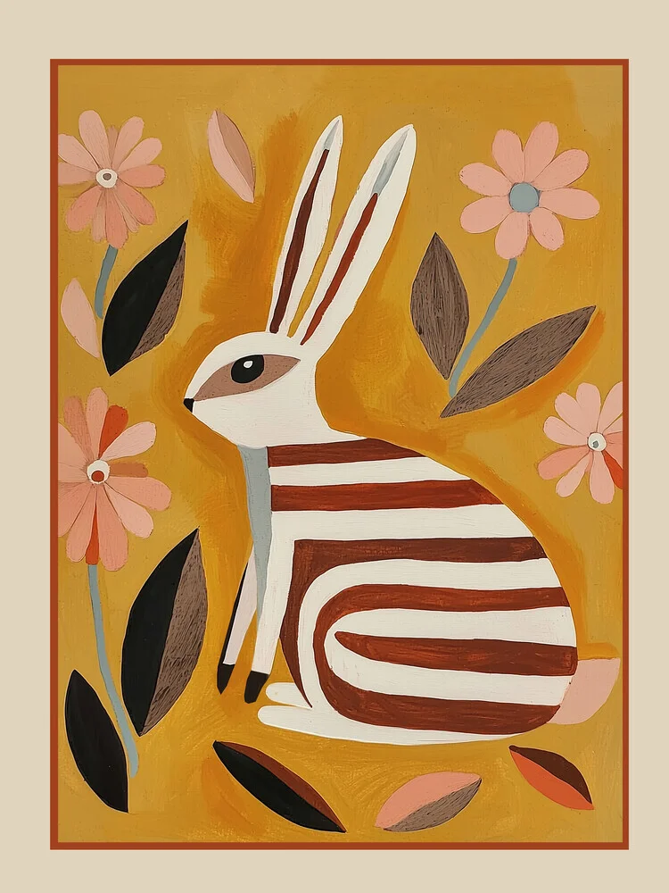 Playful illustration of a striped hare in soft colors.