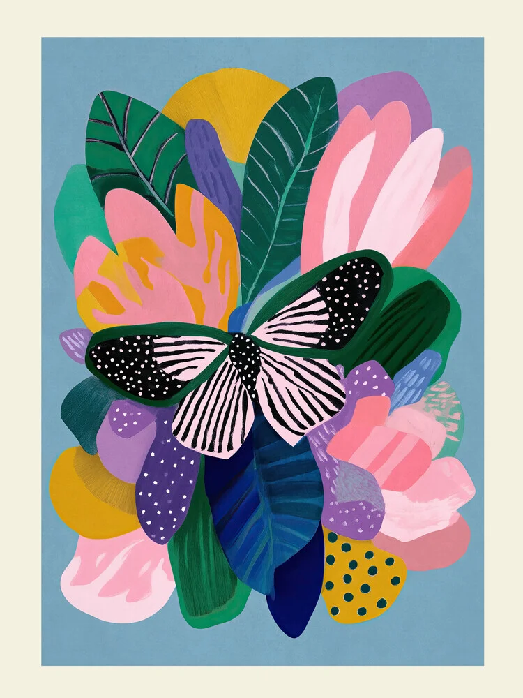 Whimsical illustration of a butterfly bloom in vibrant colors by Branka Kodžoman.