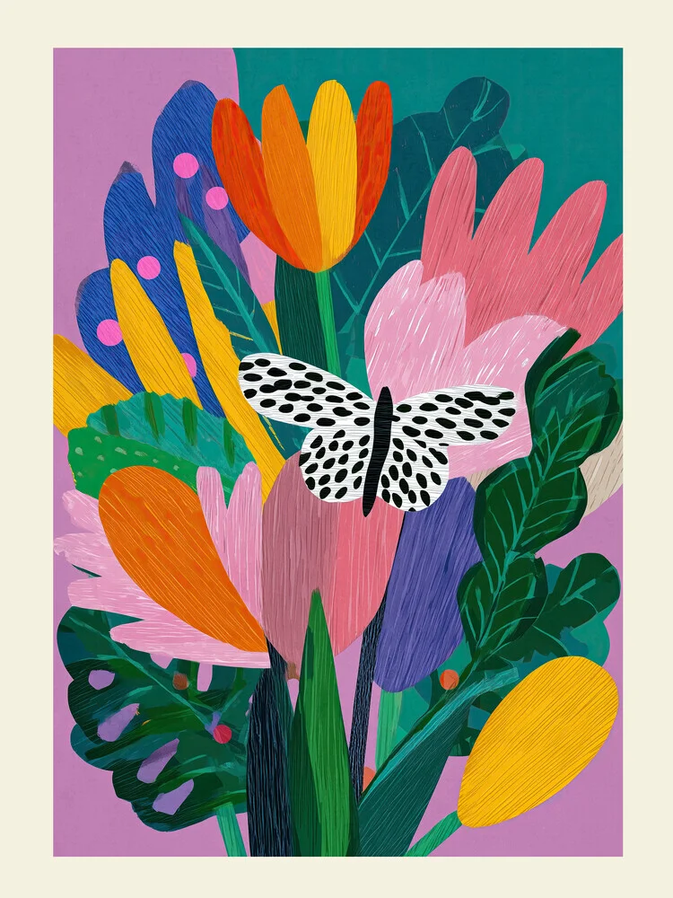 Verspielt illustrierter Schmetterlingsgarten mit bunten Blumen und Pflanzen.