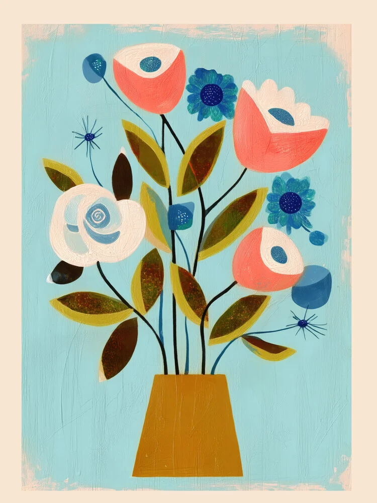 Wandbild mit farbenfrohem Stillleben von Branka Kodžoman, lebendige Blumen auf blauem Hintergrund