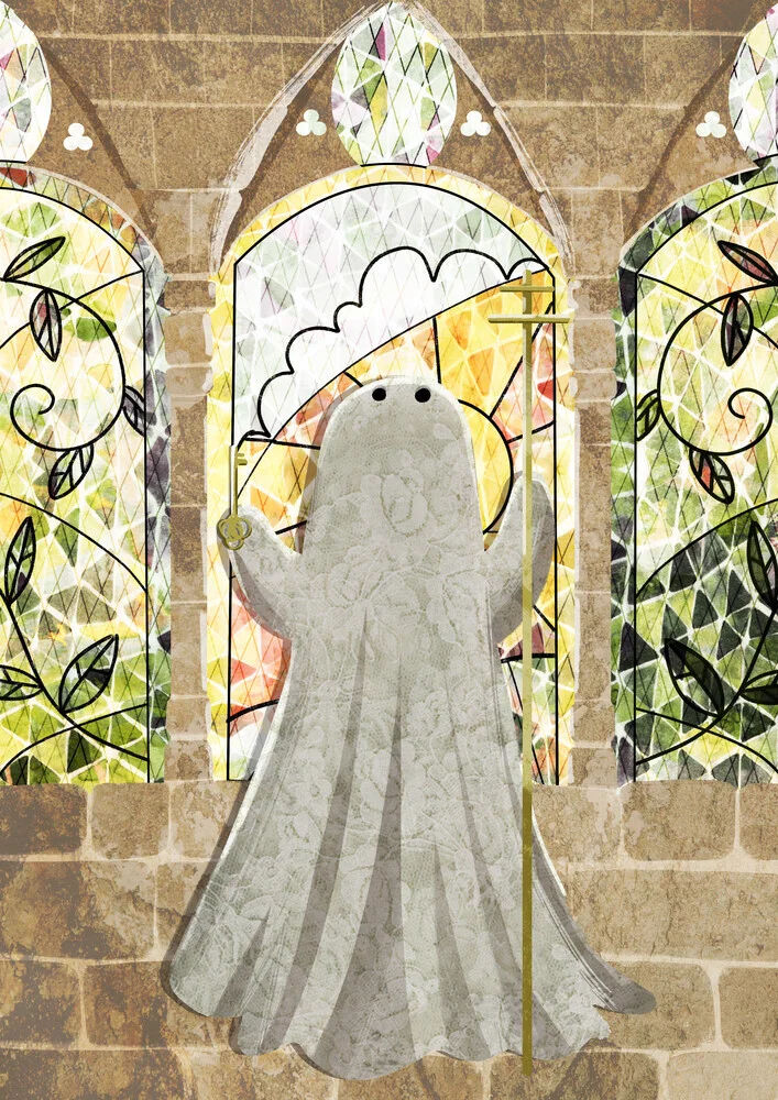 Photo art by Katherine Blower: mystical depiction of a ghost in stained glass