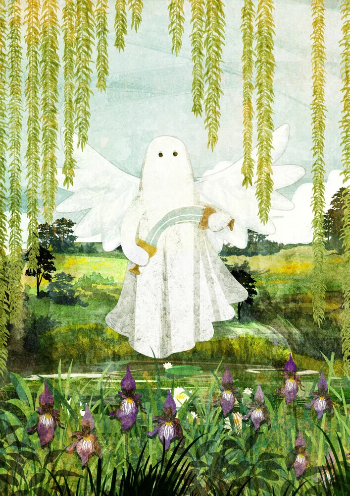 Wall art by Katherine Blower: cute little ghost under a willow tree.