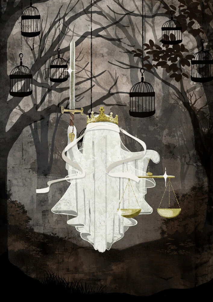 Wall art by Katherine Blower: a cute ghost with magical elements in soft colors.