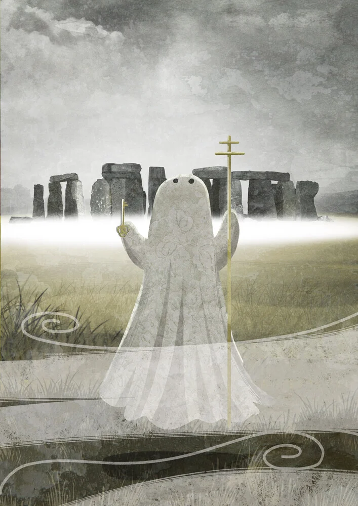 Illustration by Katherine Blower: friendly ghost among Stonehenge, playful and whimsical.