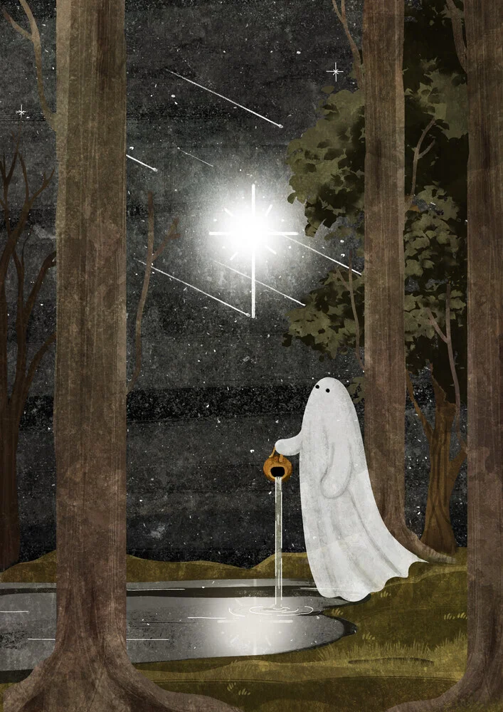 Wall art by Katherine Blower: a little ghost beneath a sparkling starry sky