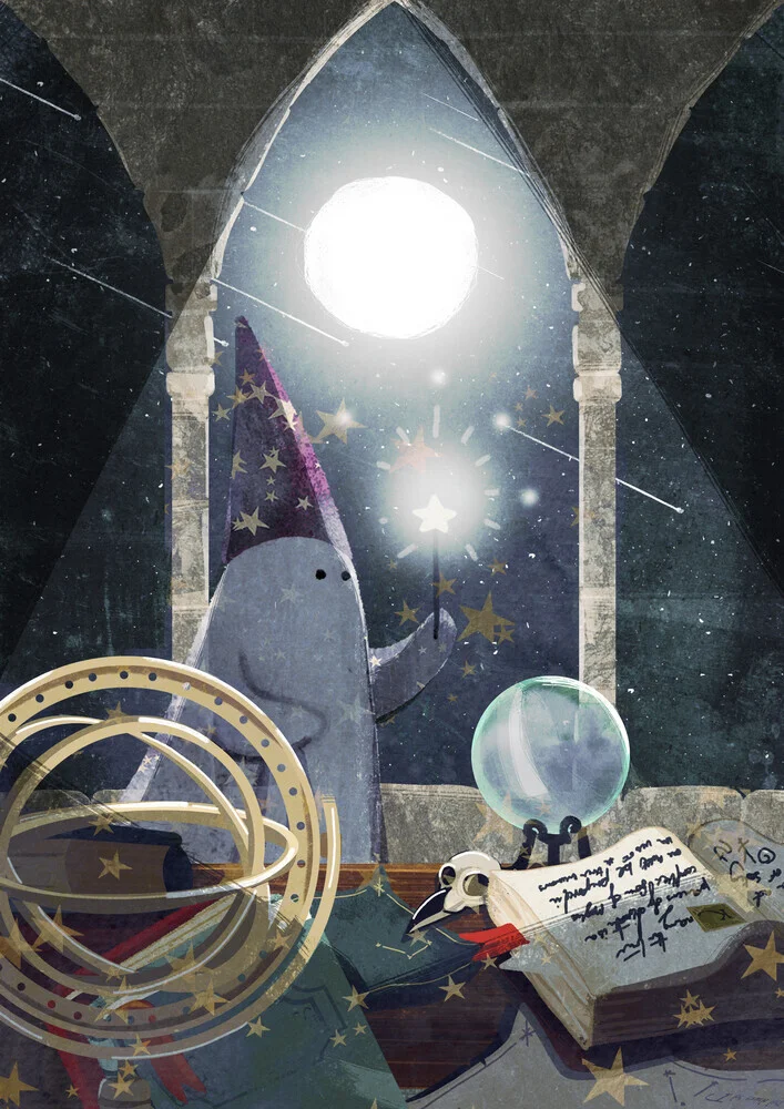 Illustration of a small ghost performing magic, featuring a playful and cheerful expression.