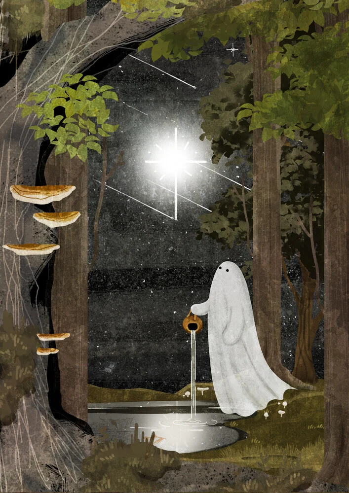 Wall art of a cute ghost floating playfully among the stars.
