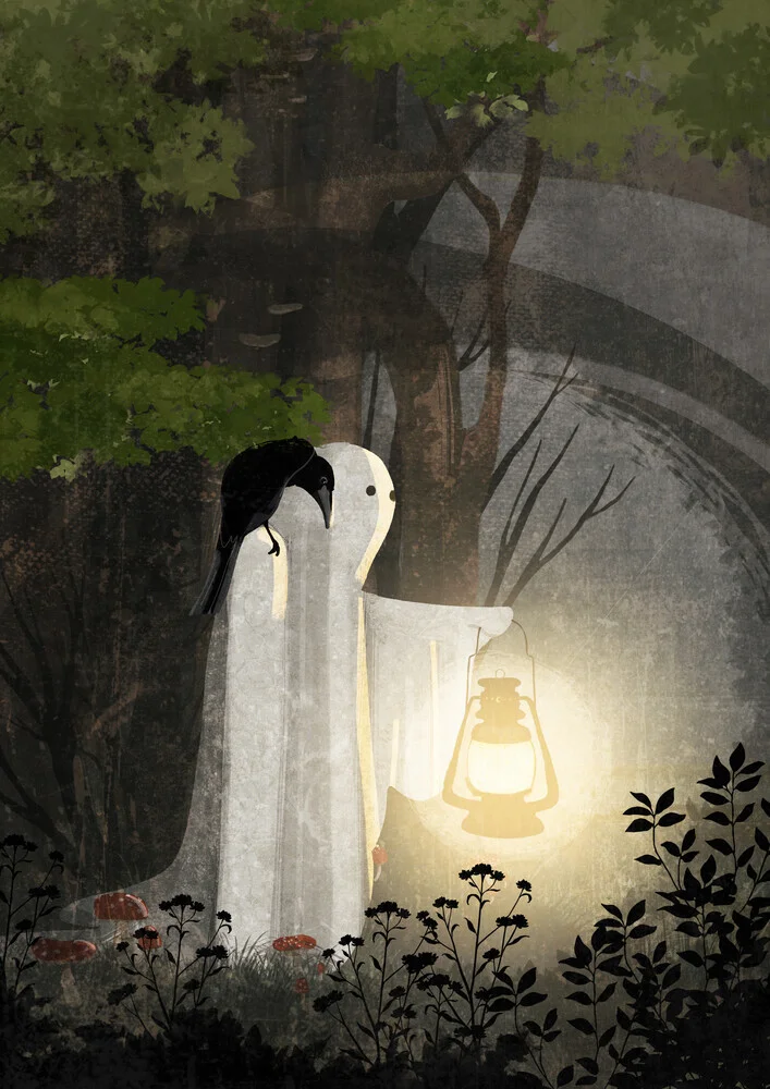 Wall art featuring a little ghost sitting in a forest with mushrooms and a lantern.