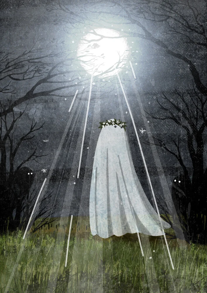 Illustration by Katherine Blower: a whimsical moon scene featuring a cute ghost