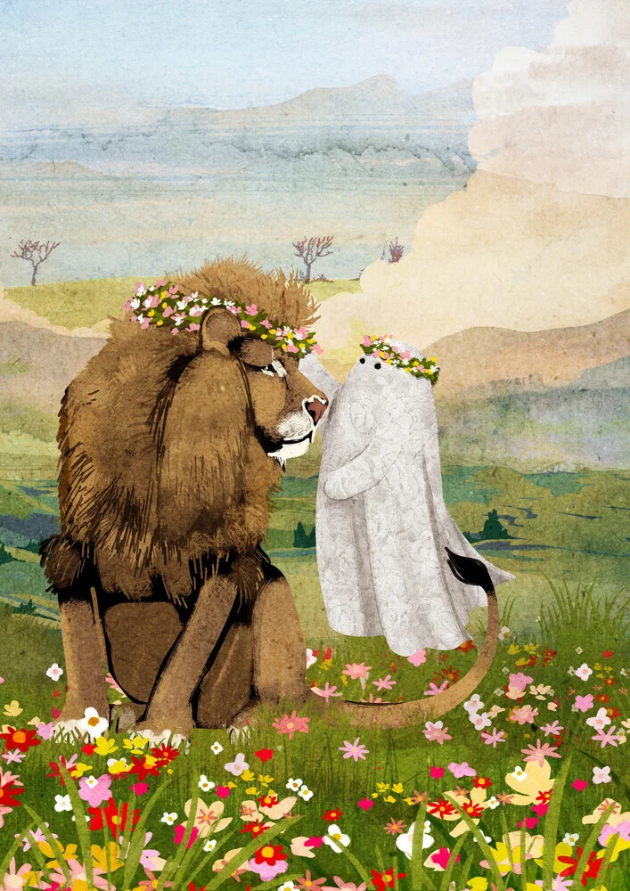 Illustration of a lion with a flower crown in a meadow, calm and magical atmosphere.
