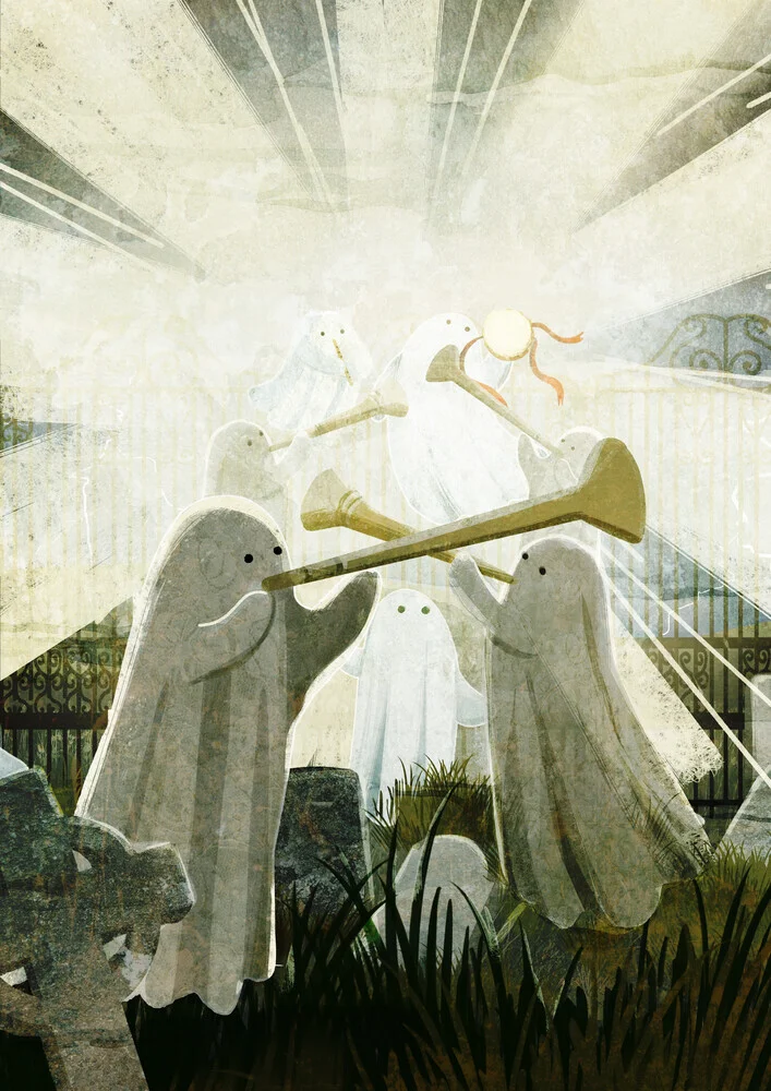 Wall art by Katherine Blower: playful ghost in a graveyard setting