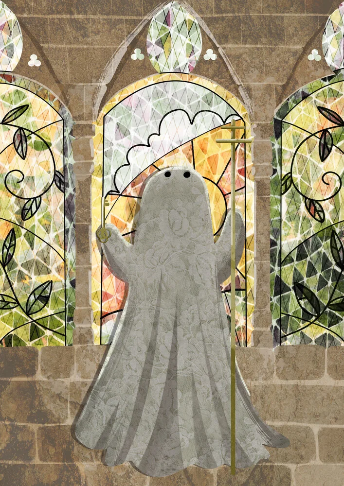 Illustration by Katherine Blower: cute little ghost in soft colors.