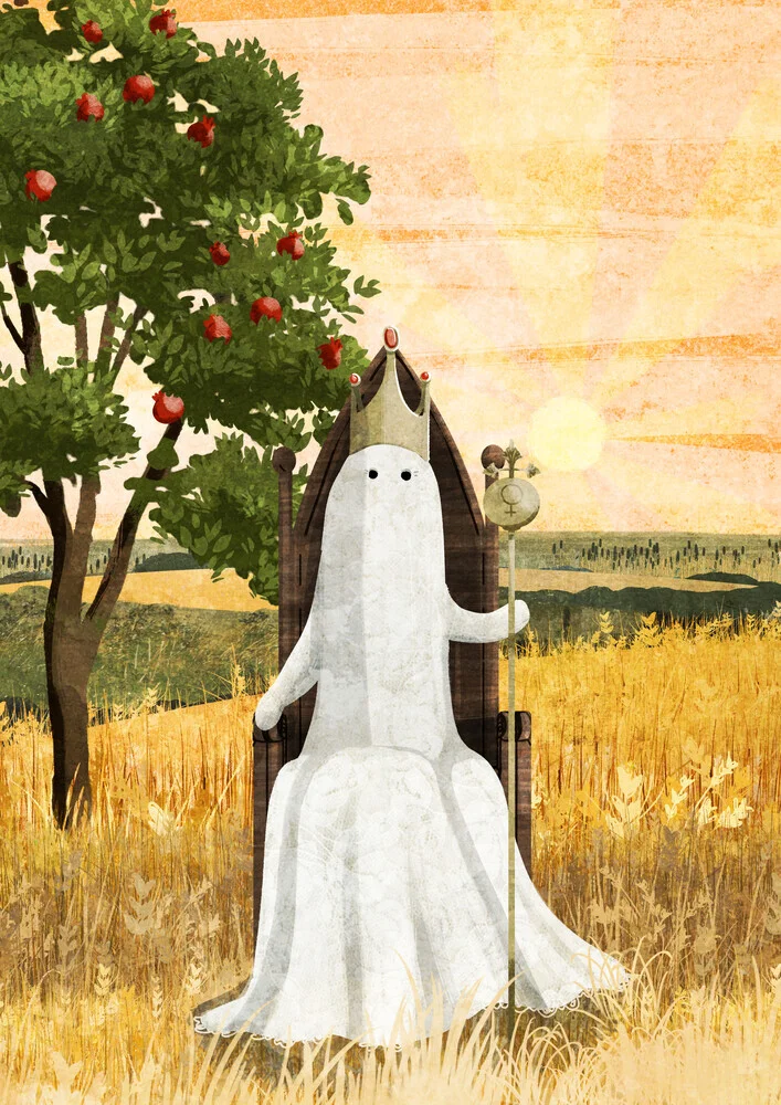Wall art by Katherine Blower: cute ghost in an orchard, humorous and friendly.