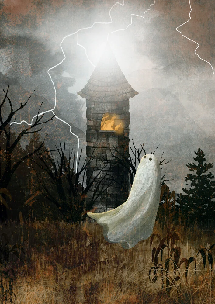 Illustration by Katherine Blower: a cute little ghost on a tower during a storm.