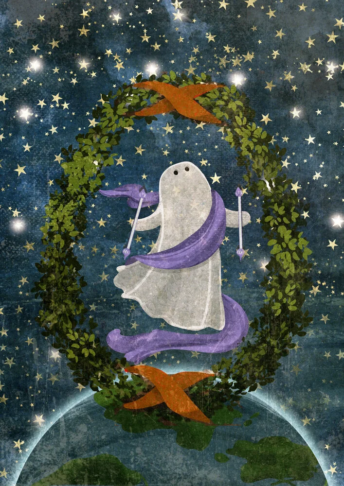 Wall art by Katherine Blower: playful little ghost in a colorful, cheerful setting