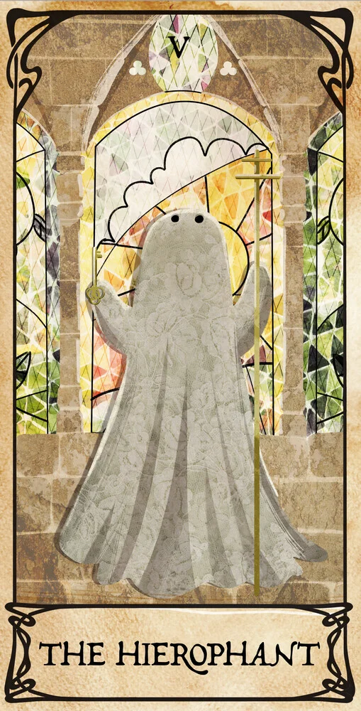 Illustration by Katherine Blower: cute spirit in a church, cheerful atmosphere.