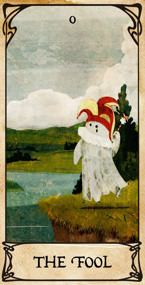 Illustration by Katherine Blower: a cheerful jester with tarot cards