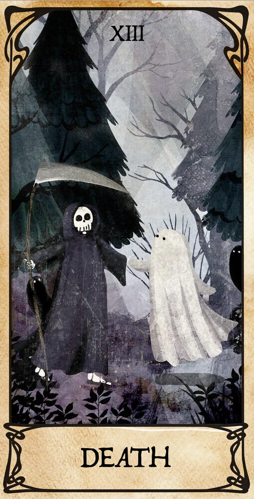Illustration of a tarot card featuring a friendly reaper in the forest.