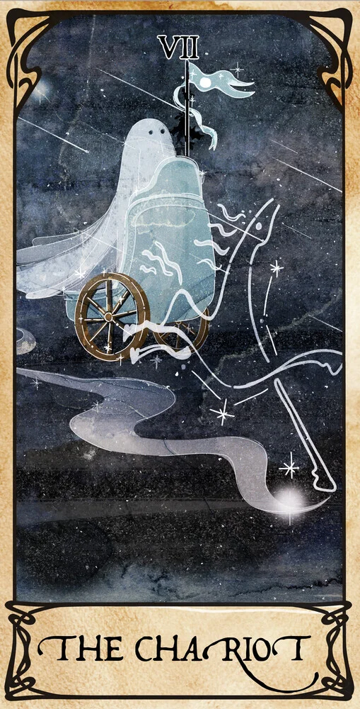 Wall art by Katherine Blower: a cute ghost in a tarot card style.