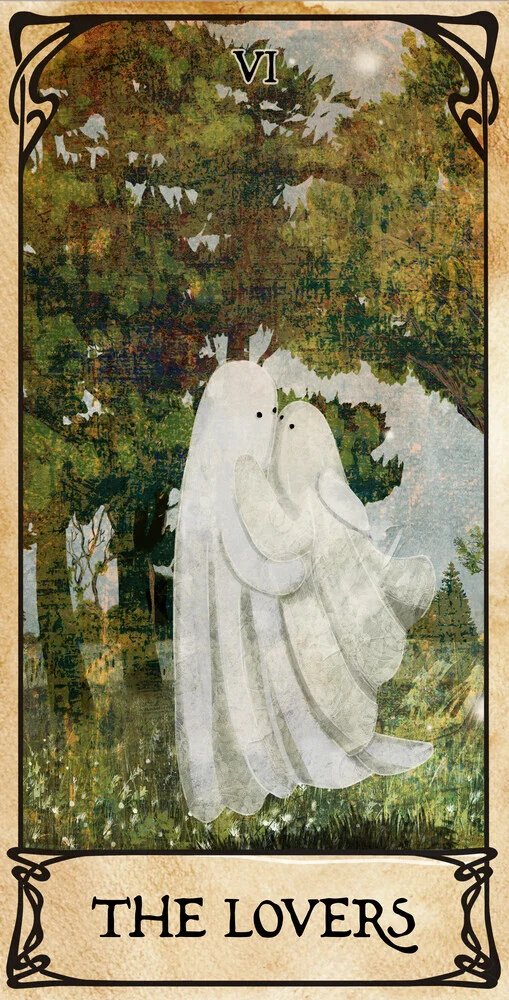 Wall art featuring a playful ghost couple on a tarot card by Katherine Blower.
