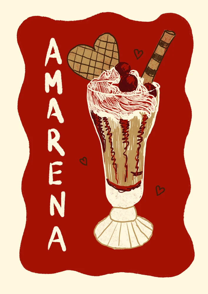 Wandbild von Jacky Eitzert: Lebendiger Amarena Eisbecher mit Waffelherz