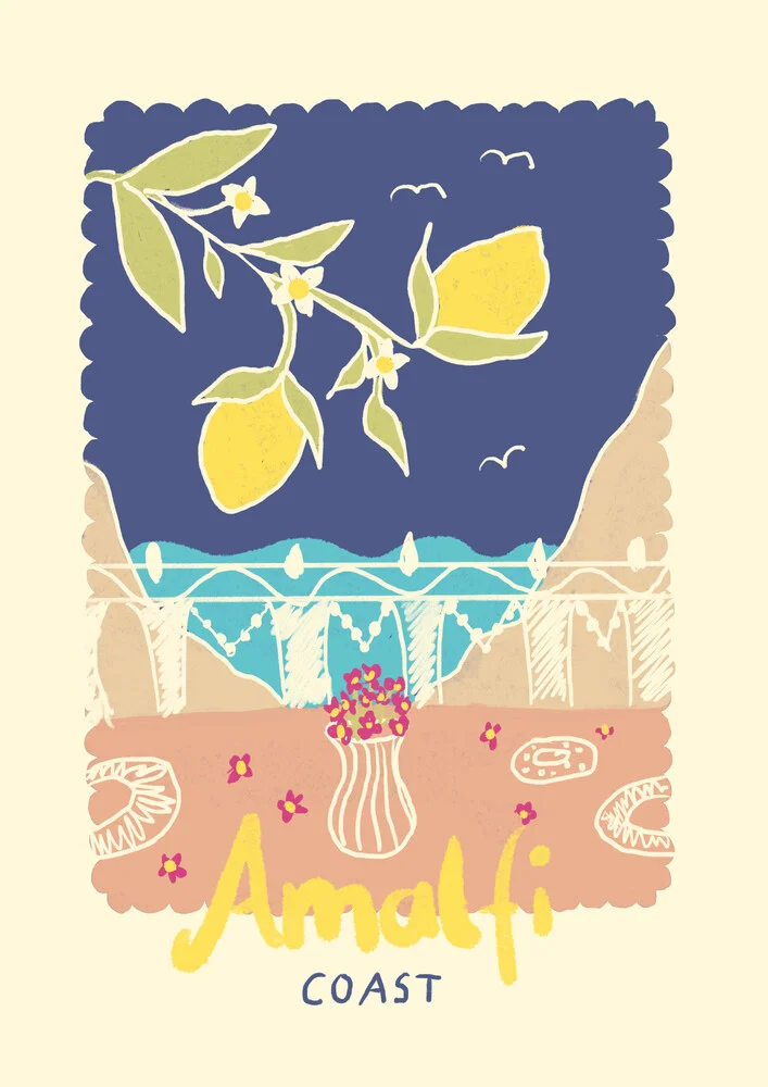Bunte Illustration eines Balkons mit Zitronen und Blick auf die Amalfi-Küste