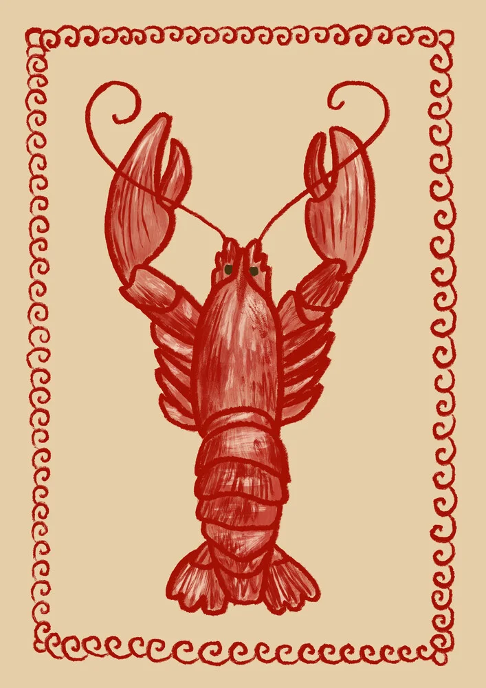 Illustration eines Aragosta-Hummers in lebhaften Farben, fröhliche Stimmung.