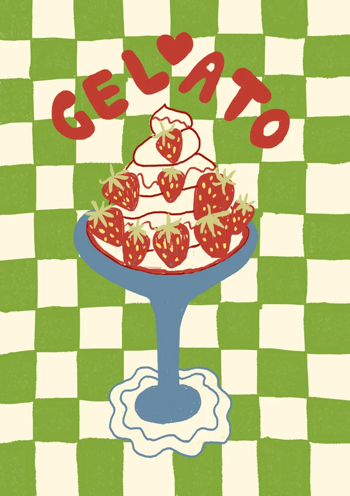 Buntes Wandbild von Jacky Eitzert: Eisbecher mit Erdbeeren und Schachbrettmuster