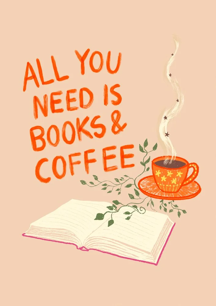 Illustration von Jacky Eitzert: Bücher und Kaffee auf einem Tisch, gemütliche Atmosphäre.