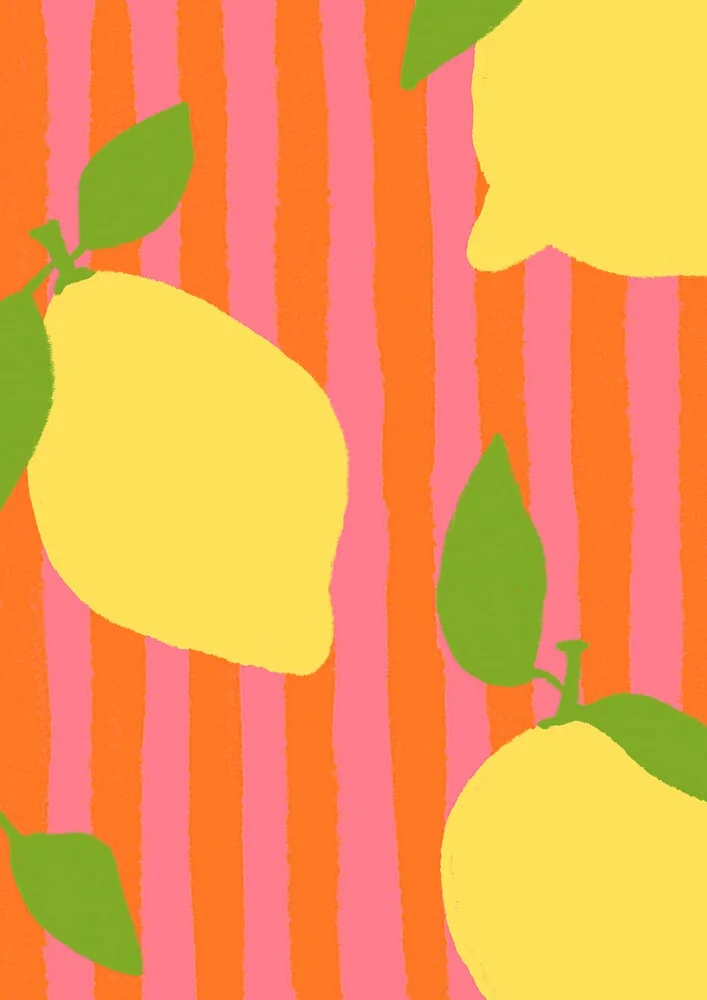 Illustration mit gestreiften Zitronen in Pink, Orange und Gelb, fröhlicher Sommerstil