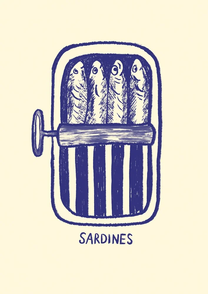 Illustration von Jacky Eitzert: fröhliche Sardinen in blauer Dose