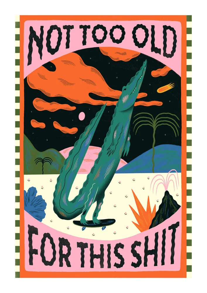 Wall art by Clara Dupré: funny crocodile on skateboard, cheerful mood