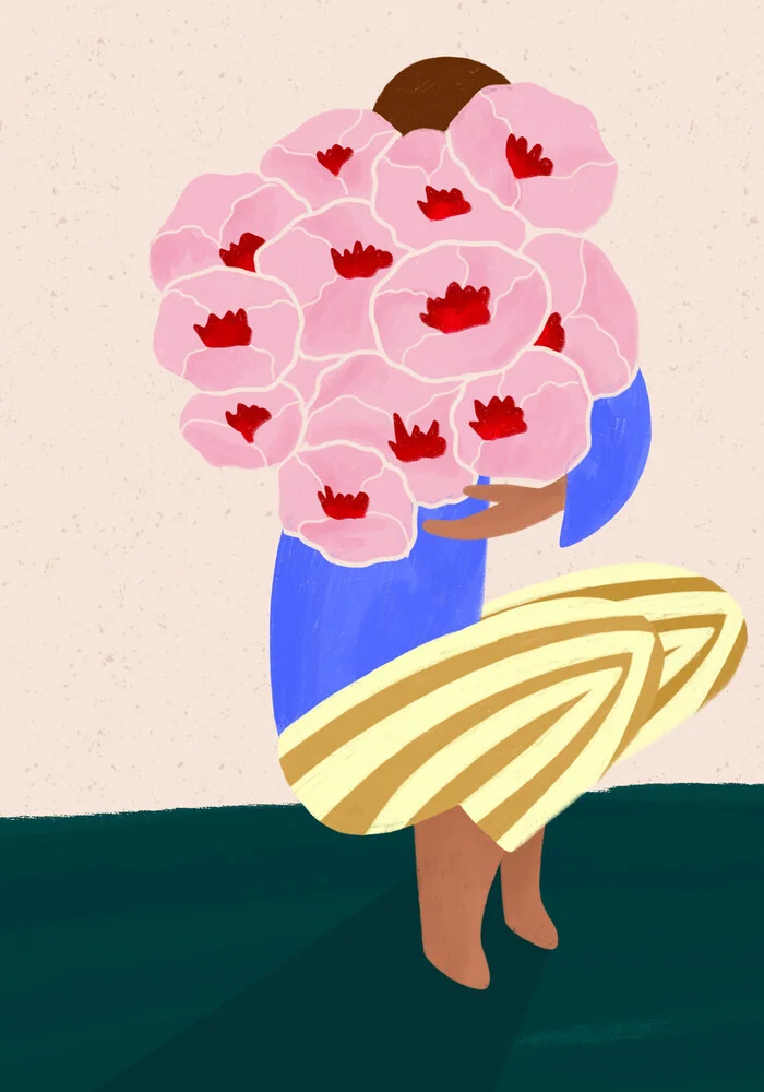 Illustration einer Frau mit Blumenstrauß, die in sanften Farben strahlt.