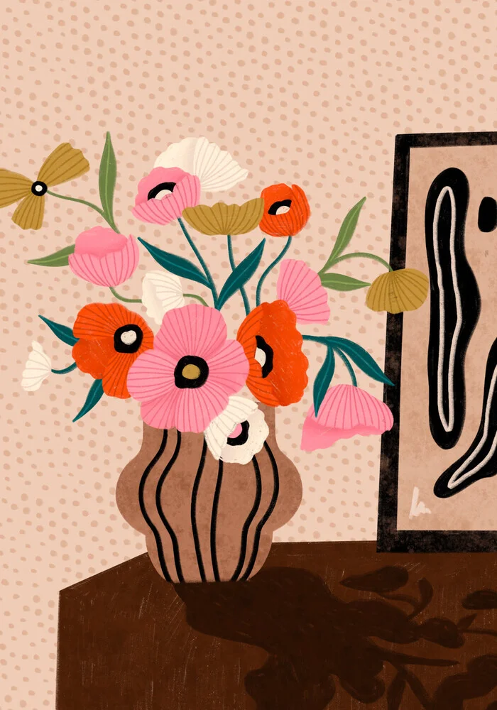 Illustration by Bea Muller: flowers in a vase on a sideboard
