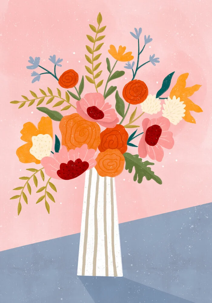 Illustration by Bea Muller: vase with colorful flowers in soft lines.