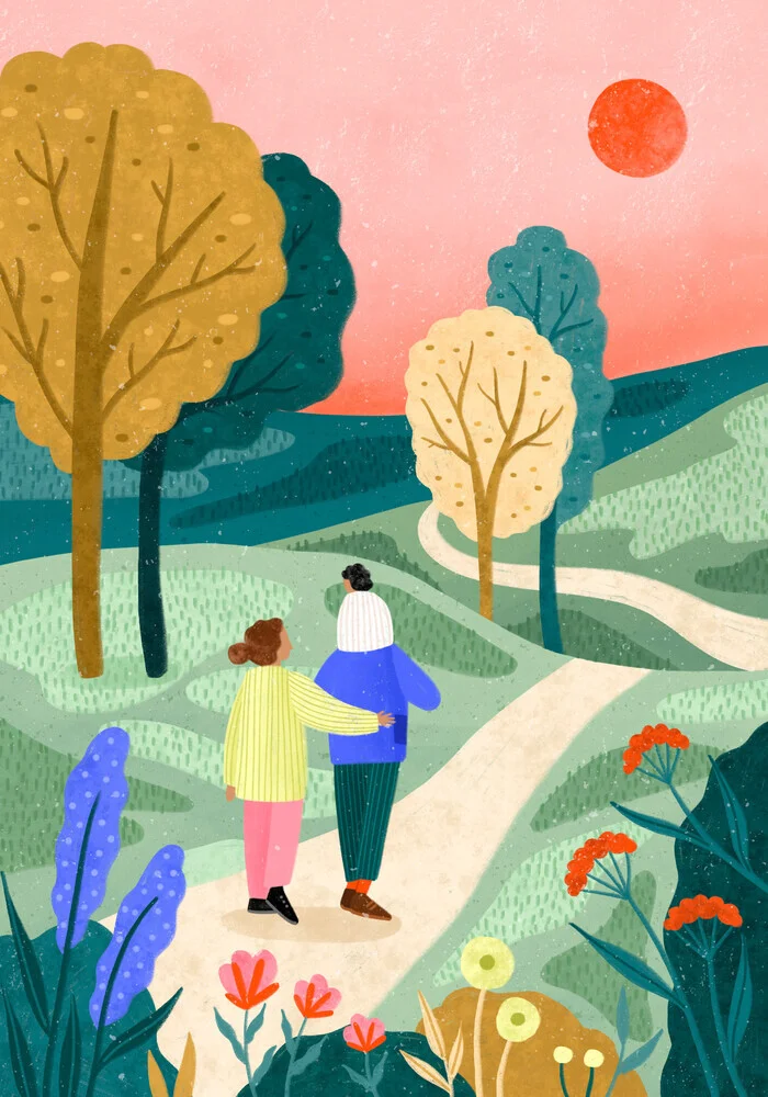Wall art by Bea Muller: family walking in the park, calm atmosphere