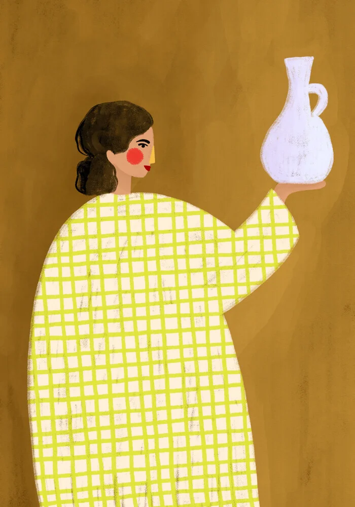 Illustration einer Frau mit einer eleganten Vase in sanften Gelbtönen.